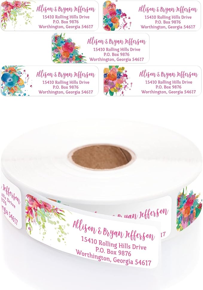 Bright Watercolor Floral Rolled Address Labels / 5 Vibrant Flower Bouquet Designs/Roll of 250 Personalized Address Labels/Designer Return Address Stickers in Elegant Plastic Dispenser-DeskLoop Office