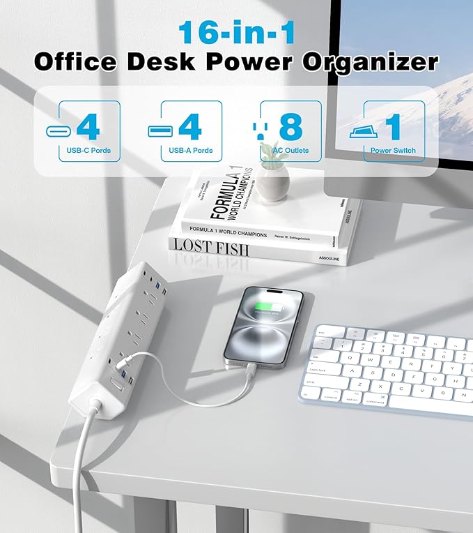 40W Fast Charging Station,Desk Clamp Power Strip,4 USB-C Ports & 8 AC Outlets,Desktop Edge Mount Surge Protector Power Strip,14AWG Heavy Duty Cord,Fit 1.9" Tabletop Edge for Home Office(10Ft Cable)-DeskLoop Office