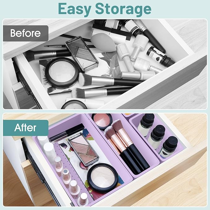 WOWBOX 25 PCS Plastic Drawer Organizer Set, 4 Sizes Desk Drawer Divider Organizers and Storage Bins for Makeup, Jewelry, Gadgets for Kitchen, Bedroom, Bathroom, Office, Purple-DeskLoop Office
