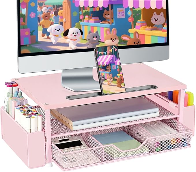 AUPSEN Pink Desk Organizers and Accessories, 2-Tier Wood Computer Monitor Stand with Drawer, Pen Storage & Phone Holder, Office Desk Accessories, Workspace Desktop Organization for Office Supplies-DeskLoop Office