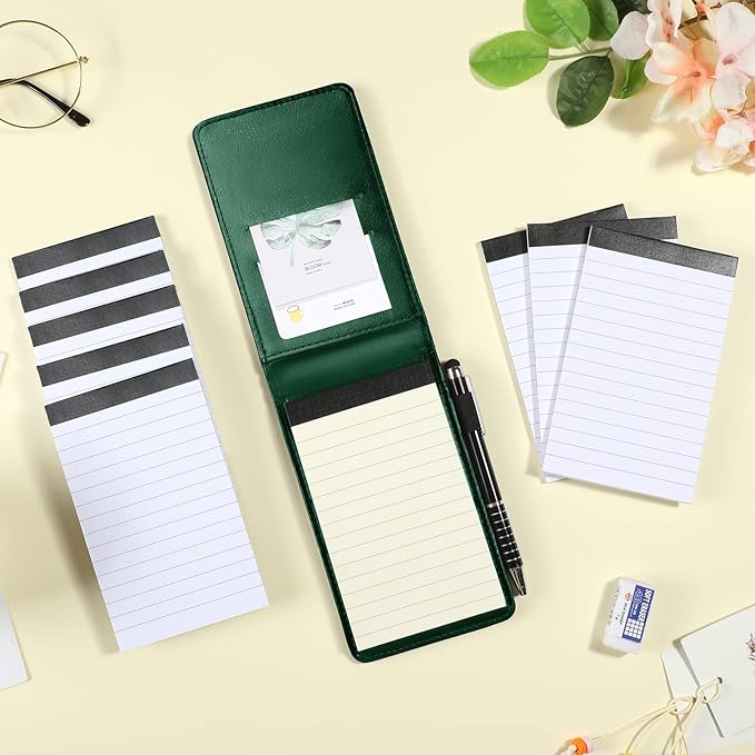 Outus 10 Pcs Pocket Notebook with Pen Set Included Mini Pocket Notepad Holder with 50 Lined Sheets, Metal Pen, 8 Pcs 3 x 5 Inch Memo Book Refills, 30 Lined Paper Per Note Pad (Green)-DeskLoop Office