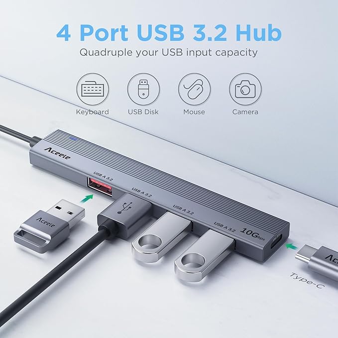Aceele 10Gbps USB 3.2 Hub with 4 USB A 3.2 Ports, USB 3.2 Gen 2 Splitter with 4ft Extented Long Data Cable and Type-C Power Port, for Chromebook,Surface Pro 3,iMac,PS4 Flash Drive Data and More-DeskLoop Office