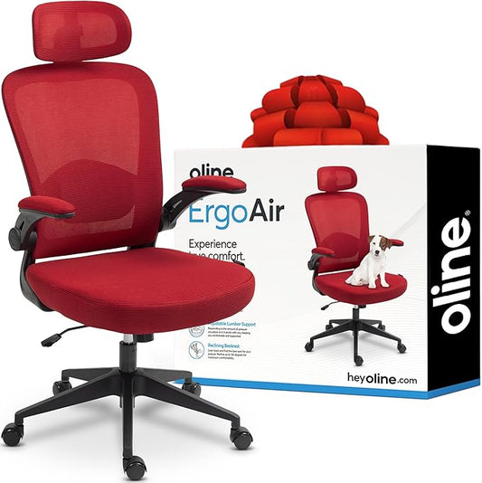 Oline ErgoAir Ergonomic Office Chair – Adjustable Lumbar Support, Flip-Up Armrests, Mesh Computer Desk Chair, Swivel Rolling Executive Gaming Chair for Home & Office (Red)-DeskLoop Office