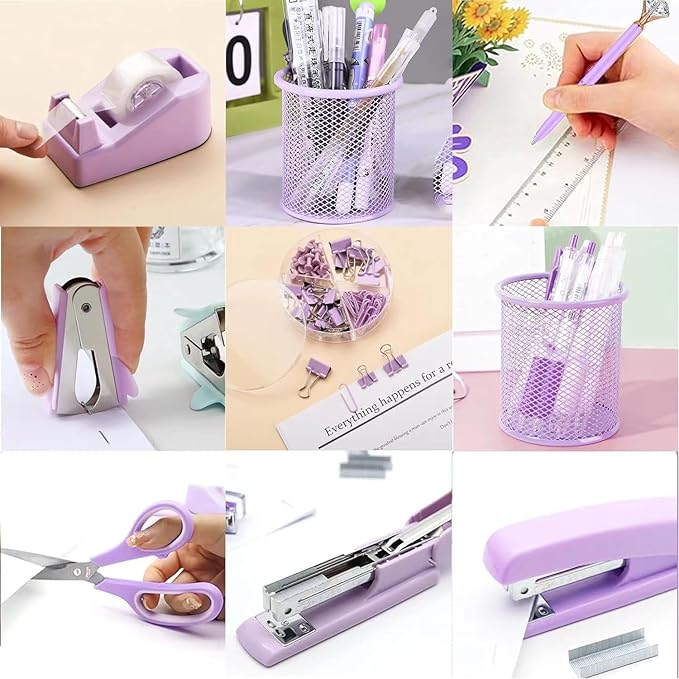 Purple Desk Accessories, Pink Office Supplies Set with Stapler, Tape Dispenser, Staple Remover, Pen Holder, Scissor, Binder/Paper Clips, Ballpoint Pen, Clear Tape and 1000pcs Staples-DeskLoop Office