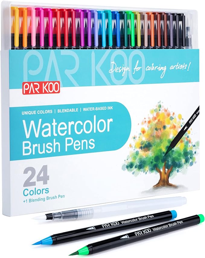 ParKoo Watercolor Brush Pens, 24 Colors Flexible Real Nylon Brush Tip Pens for Watercolor Painting, 1 Blending Brush, Paint Markers for Artists and Beginner Painters Coloring Books, Calligraphy-DeskLoop Office