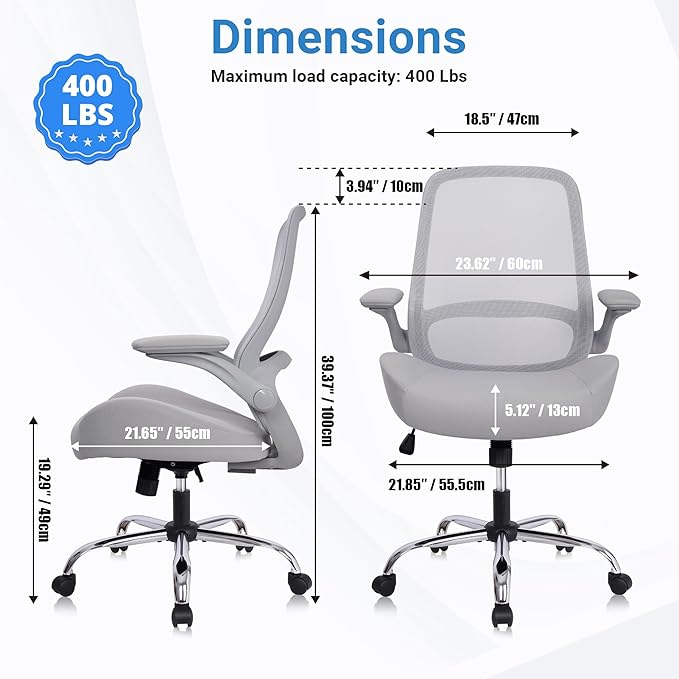 HYLONE Heavy Duty Office Chair, 5" Thickened Seat Ergonomic Desk Chair with Adjustable Armrests, Home Office Computer Chairs for Long Hours Mesh Executive Chair(Grey)-DeskLoop Office