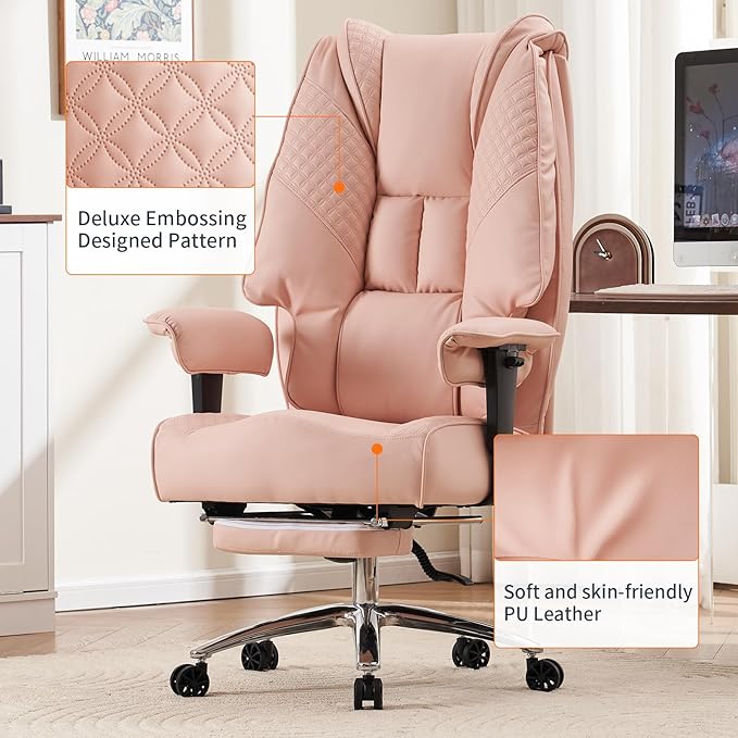 Big and Tall Office Chair 400lbs Wide Seat, Leather High Back Executive Office Chair with Foot Rest, Ergonomic Chairs Lumbar Support for Lower Back Pain Relief (Light Pink)-DeskLoop Office