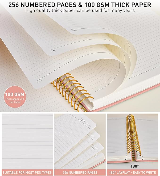 A4 Spiral Notebook Journal 8.5” x 11”, 256 Numbered Pages Hardcover Leather Journals for Women Men, Large Lined College Ruled Notebooks, 100GSM Thick Paper, Spiral Bound Journal for Work School, Pink-DeskLoop Office