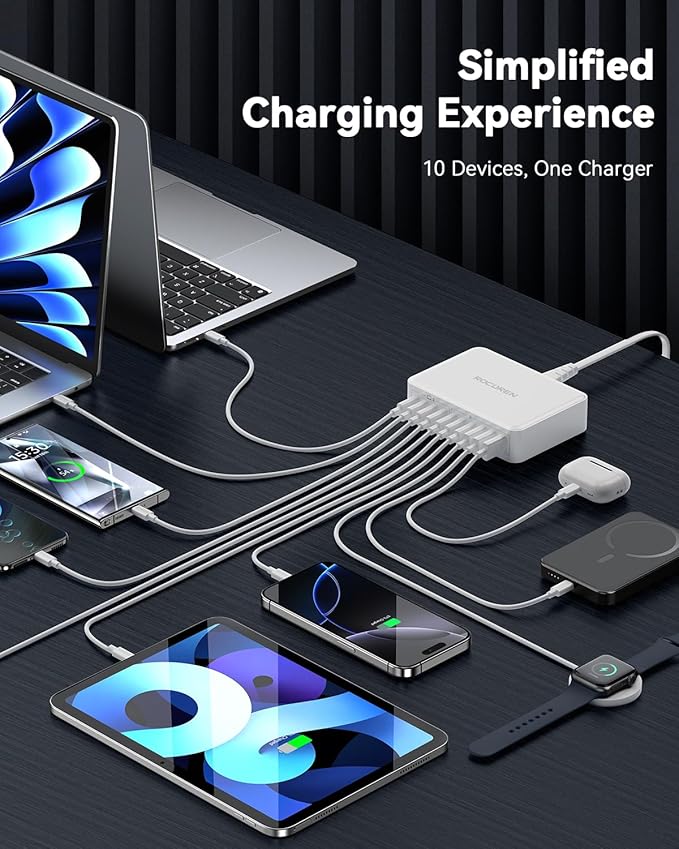 480W USB C Charger Block, Rocoren 10-Ports USB C Charging Station for Multiple Devices,PD 100W Type c Gan Fast Charger Station Multi USBC Charging Hub for Laptop MacBook HP iPad iPhone Samsung-DeskLoop Office