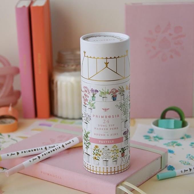 Primrosia 24 Pastel Dual Tip Markers, Fine Tip and Brush Pens. Perfect for art, illustration, drawing, calligraphy and bullet journals-DeskLoop Office