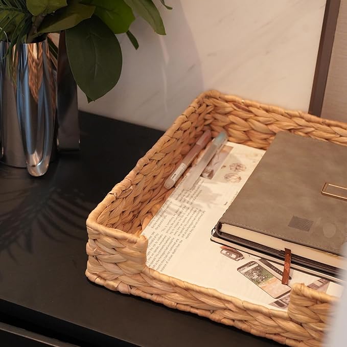 PINXIURY Water Hyacinth Letter Tray for A4 File Desk Mail Letter-Size Paper, Basket Woven Organizer, Magazine Files Storage, Office Document Organizer and Storage-DeskLoop Office