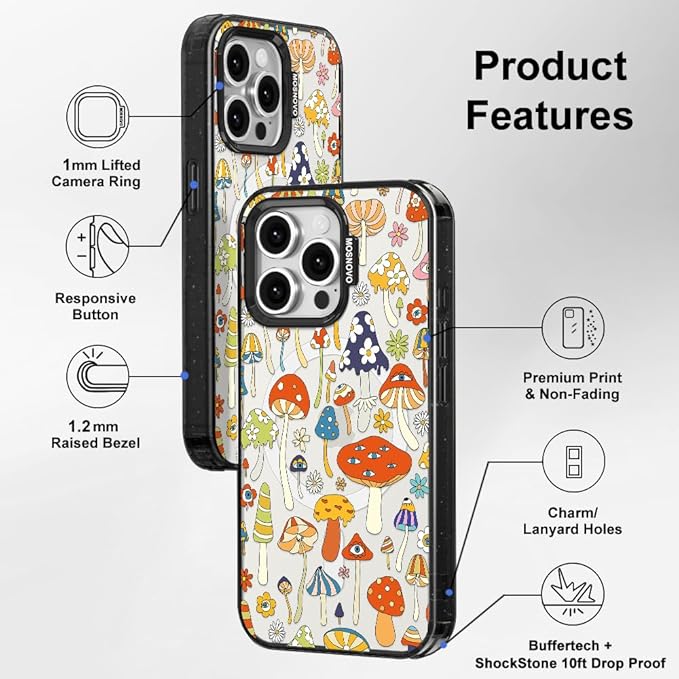 MOSNOVO Magnetic Case for iPhone 15 Pro Max, 10ft Military-Grade Protection, Compatible with Magsafe, Shockproof Phone Case for iPhone 15 Pro Max - Mushroom Art - Clear Black-DeskLoop Office