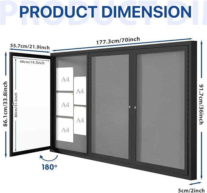 SWANCROWN Outdoor Bulletin Board 70x36in, Enclosed Bulletin Board with Locking Door for Office School Commerce, Grey Felt, Black Aluminum Frame-DeskLoop Office