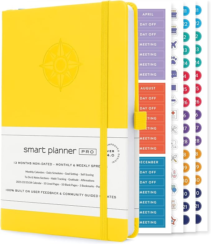 Smart Planner Pro – Undated Daily Planner – Small A5 – Achieve Goals & Increase Productivity – Weekly, Monthly, Work Sections, Organizer Diary with Back Pocket, 3 Satin Bookmarks & Pen Holder-DeskLoop Office