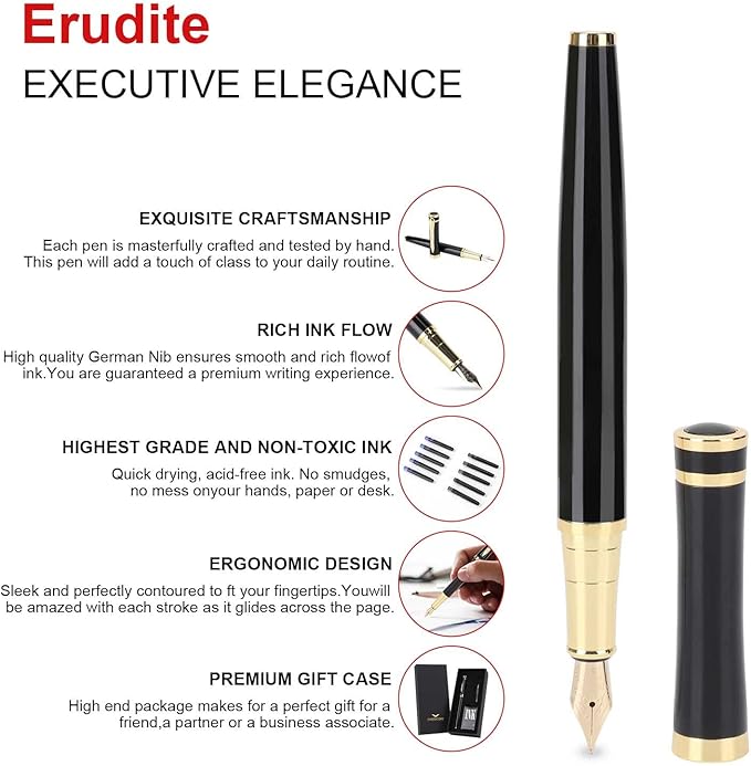 Cheericome Fountain Pen - Ink Pen for Smooth Writing - Exquisite Fountain pen gift set for Men & Women - Fountain Pen Fine Nib,Includes 10 Ink Cartridges and Ink Refill Converter - Black-DeskLoop Office