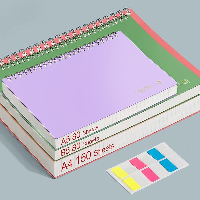 EMSHOI A4 Spiral Notebook College Ruled Lined Journal, 11.2" x 8.27", 300 Pages, 100gsm Thick Paper, Waterproof Softcover, Twin-Wire Binding, Sticky Notes, Pink-DeskLoop Office