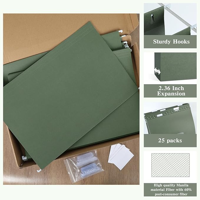 gisgfim 25 Pack Reinforced 11x17 Hanging File Folders 1/5 Cut Heavy Duty Hanging File Folders with Plastic Tabs & Label Cards Expanding Hangers File Organizer for Drawing Engineering Document (Green)-DeskLoop Office