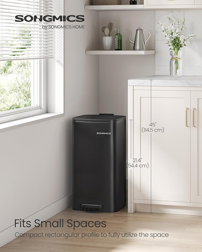 SONGMICS Kitchen Trash Can, 8-Gallon (30 L) Trash Bin, Stainless Steel Garbage Can, with Inner Bucket, Soft Close and Stays Open, Ink Black ULTB593B01-DeskLoop Office