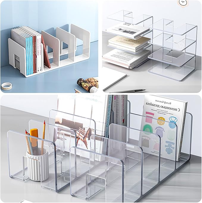 2PCS Acrylic File Organizer for Desk, Desktop Document/Mail Organizer, 4 Compartments Plastics Invisible Bookshelf Floating (12.5" x 5.7" x 5", SkyBlue)-DeskLoop Office