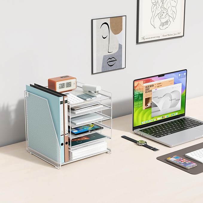 Gianotter Desk Organizers and Accessories, 6-Tier Paper Organizer with Magazine Rack, Office Desk Accessories & Workspace (White)-DeskLoop Office