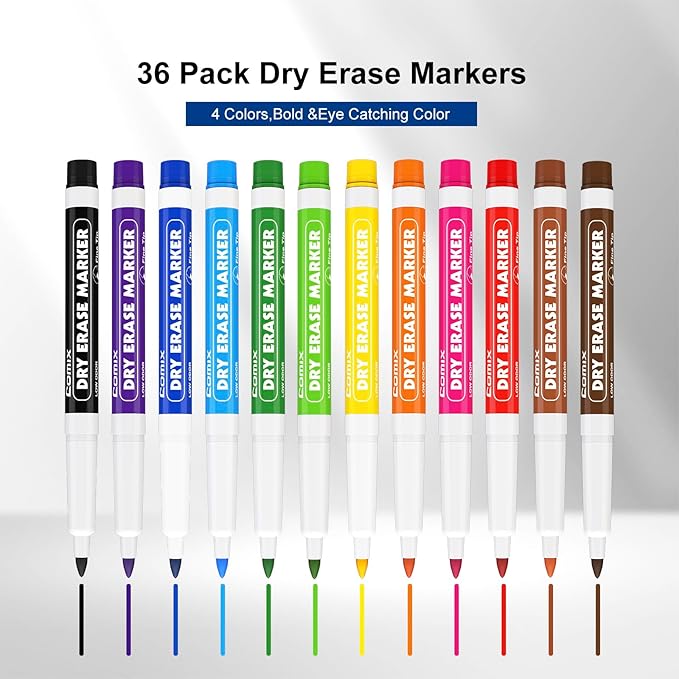 Comix Low Odor Dry Erase Markers, Fine Tip Whiteboard Markers, 36 Bulk 12 Assorted Colors Markers for Kids Teachers Office & School Supplies-DeskLoop Office
