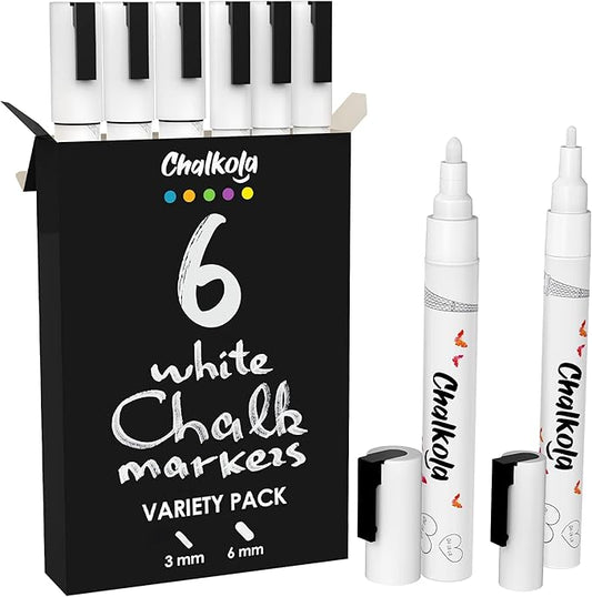 Chalkola 6 White Liquid Chalk Markers - White Dry Erase Liquid Chalk Pens for Chalkboard Signs, Blackboard, Car Window, Glass, Bistro | Variety pack - (3x) 3mm Fine Tip + (3x) 6mm Bold Size Ink Marker-DeskLoop Office