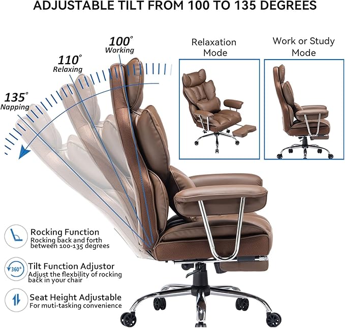 Efomao Big and Tall Office Chair 400lbs – High Back PU Leather Executive Chair with Lumbar Support, Footrest, Swivel Base, Padded Armrests, and Rolling Wheels for Home Office, Brown Computer Chair-DeskLoop Office
