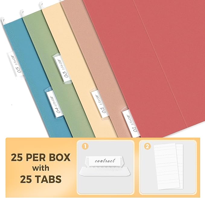 SUNEE Hanging File Folders Retro Colors, 25 Pack Letter Size File Folders with 1/5-cut Tabs, Stay Organized for Your Home and Office Bulk File and Documents-DeskLoop Office