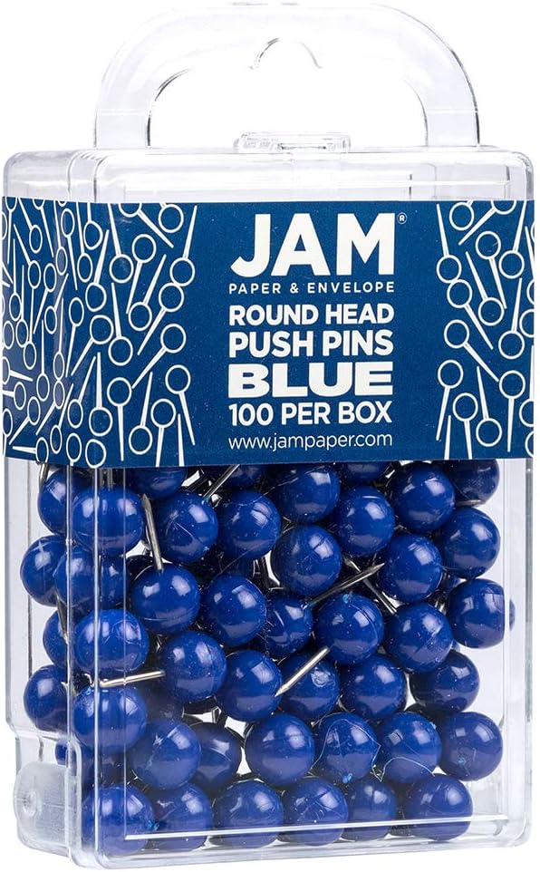 JAM PAPER Colorful Push Pins - Round Head Map Thumb Tacks - Blue Pushpins - 100/Pack-DeskLoop Office
