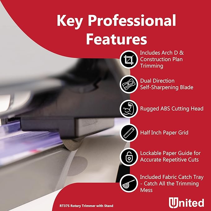United Office Products RT37S Commercial Rotary Paper Trimmer with Stand and Fabric Catch Tray, Sturdy Metal Base, 38" Cut Length, 10 Sheet Capacity, Paper Cutter for Offices, Schools and Crafts-DeskLoop Office