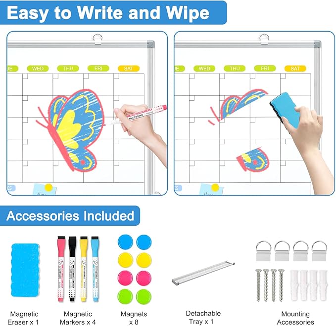 Dry Erase Calendar Whiteboard for Wall, WALGLASS 24" x 18" Magnetic White Board, Monthly Dry Erase Calendar with Silver Aluminum Frame, Double-Sided Hanging Portable Board for Office, Home, School-DeskLoop Office