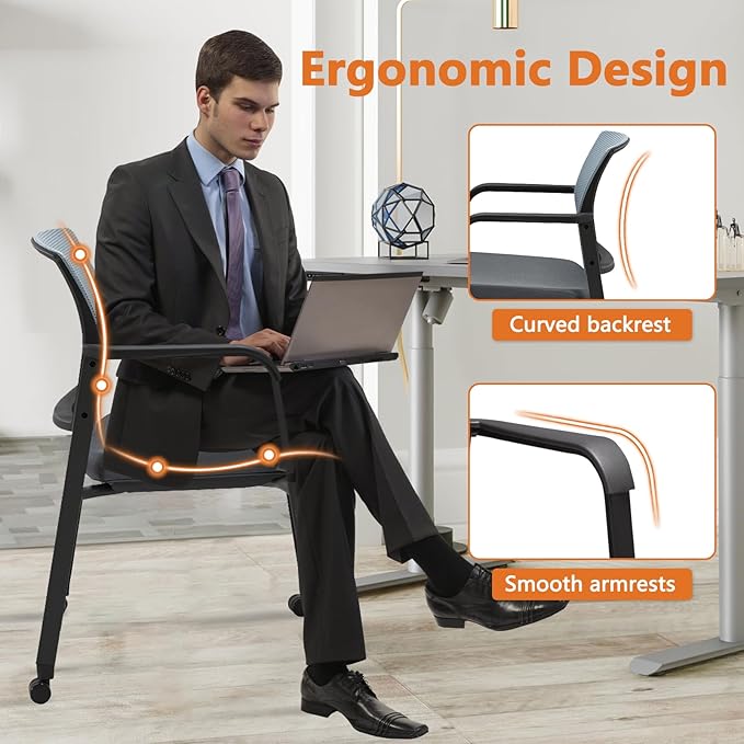 CLATINA Mesh Back Stacking Arm Chairs with Upholstered Fabric Seat and Ergonomic Lumbar Support for Office School Church Guest Reception (WithWheels Gray- 2 Pack)-DeskLoop Office