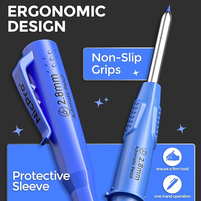 Nicpro 5 Pack CP3000 Carpenter Pencil with Sharpener, Mechanical Pencils Set with 59 Refills, Heavy Duty Construction Pencil, Carpenter Tools for Architect Marking (Red, Black, Orange, Green, Blue)-DeskLoop Office