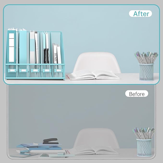 SUPEASY Desk Organizers Metal Desk Magazine File Holder with 5 Vertical Compartments Rack File Organizer for Office Desktop, Home Workspace, Blue Plus-DeskLoop Office