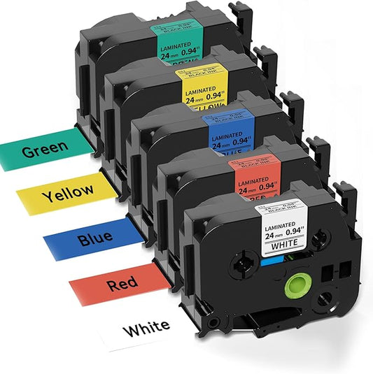 Compatible with P Touch TZe TZ 24mm 0.94'' Laminated Tape Compatible for Brother Label Maker Tape 1 inch PT-D600, PT-D610BT, PTP750W, PT-P710BT, Black on White/Yellow/Red/Green/Blue, 5-Pack-DeskLoop Office