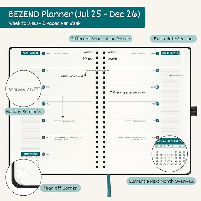 BEZEND Weekly Planner 2025-2026 with 2 Columns, 8.5" x 11" Academic Calendar 18 Months (Jul 25-Dec 26) Life Work Appointment Book with Monthly Tab, PU Leather Softcover Spiral - Evergreen-DeskLoop Office