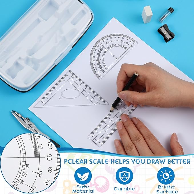 Teling 12 Sets Math Geometry Kit for Students 10 Pcs Compass Geometry Tools Set Includes Rulers Protractor Compass Eraser Pencil Sharpener Lead Refills Pencil (Black)-DeskLoop Office