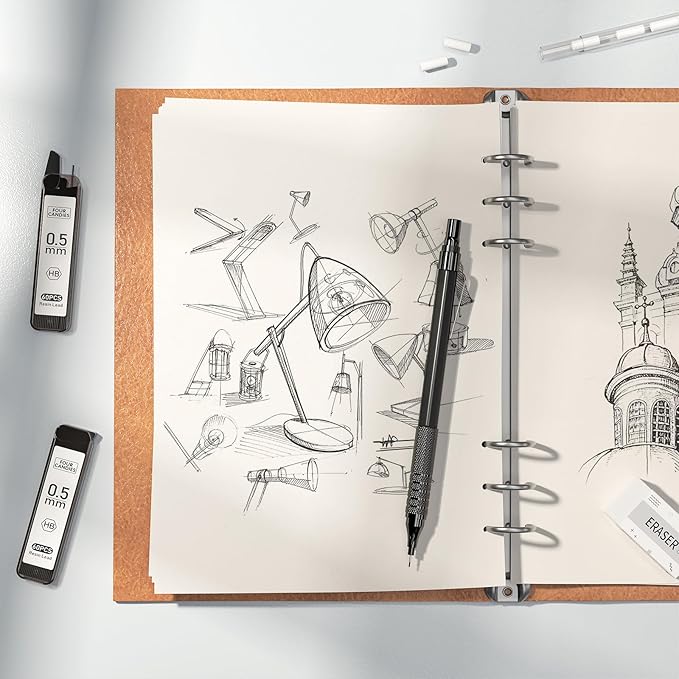 Four Candies 2PCS Metal Mechanical Pencils Set with Case, 0.5mm & 0.7 mm Artist Pencil with 6 Tubes (360PCS) HB Lead Refills, 3 Erasers,9 Eraser Refills For Writing Drafting, Drawing, Black-DeskLoop Office