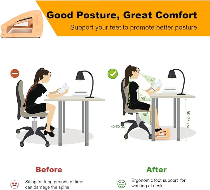 Bamboo Under Desk Footrest, Ergonomic Foot Rest with 4 Height Position Office Footrest, Improves Posture and Blood Circulation, Portable Step Stool for Home and Office (Standard)-DeskLoop Office