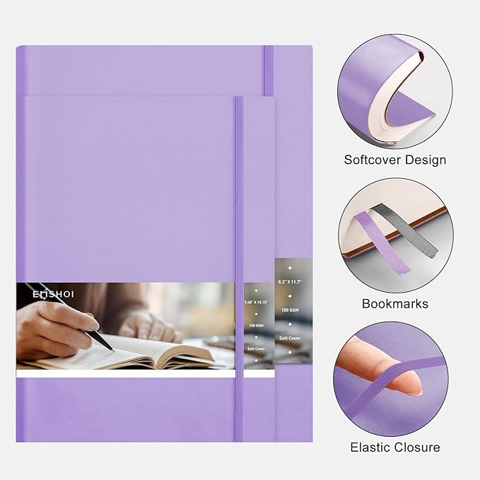 EMSHOI A4 College Ruled Notebook Journal- 400 Pages (200 sheets), 7mm Spacing & Vegan Leather Cover for Work, School, Bible Study, Bullet Journaling- with Sticky Notes, Pocket & Pen Holder- Purple-DeskLoop Office
