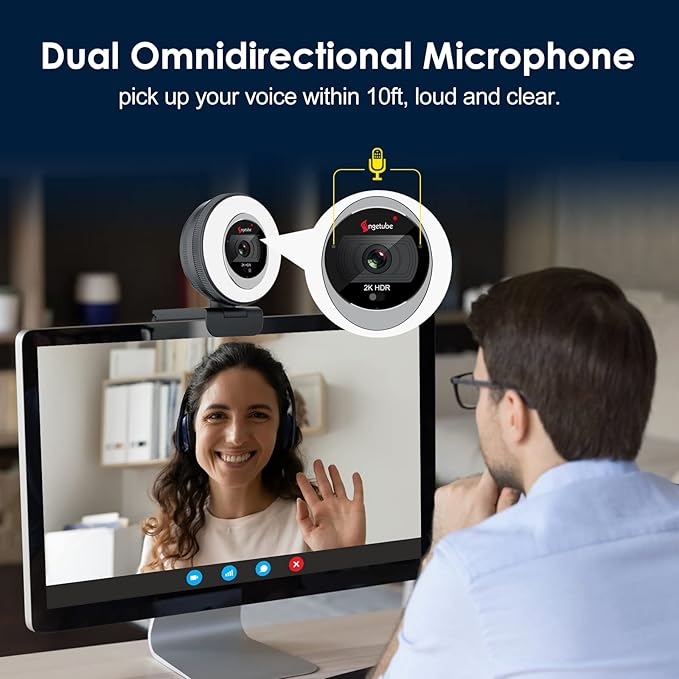 Angetube Webcam, 2K Streaming Webcam with Ring Light, HDR Laptop Camera with Remote, Dual Stereo Microphone and Privacy Cover, Auto Focus 5X Zoom in, Computer Camera for Zoom/Skype/Teams/Webex-DeskLoop Office