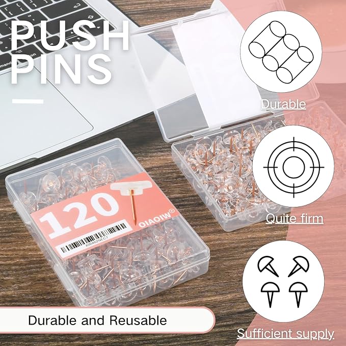 120 PCS Flat Rose Gold Push Pins for Wall Thumb Tacks for Walls Flat thumbtacks Push pin for Bulletin Board Shadow Box Display Thumbtack for Cork Board-DeskLoop Office