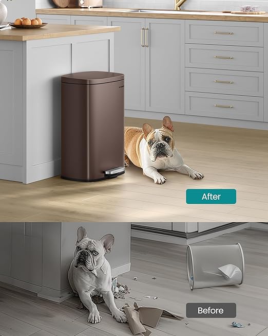 SONGMICS 13 Gallon (50 L) Trash Can, Stainless Steel Kitchen Garbage Can, Recycling or Waste Bin, Soft Close, Step-On Pedal, Removable Inner Bucket, Brown ULTB50BR-DeskLoop Office