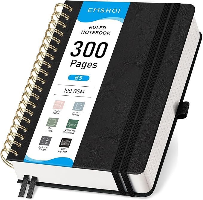 EMSHOI Spiral Notebook College Ruled, 300 Numbered Pages, B5 Large Hardcover Leather, 100 GSM Thick Lined Journal for Women Men Work Writing Journaling Note Taking, 7.48" x 10.15", Black