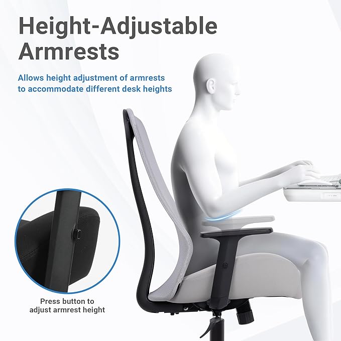 HYLONE Office Chair, 5" Thickened Seat Ergonomic Desk Chair with Adjustable Armrests, Home Office Computer Chairs for Long Hours Mesh Executive Chair(Black Base&Grey)-DeskLoop Office