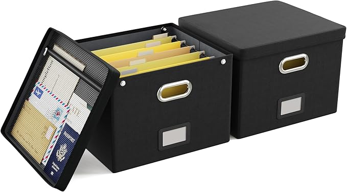 2 Pack File Organizer Box with Lid, Large Hanging Filing Box with Mesh Pocket, Document Organizer for Letter Files, Portable Storage Case for Office&Home (Black)-DeskLoop Office