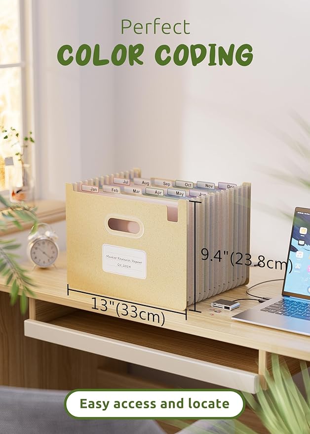 Accordion File Organizer, 12 Pockets Wheat Straw Expanding File Folders, Upright&Open Top, Monthly Bill Receipt Organizer, 100% BPA Free, Return to Nature, Healthy Living, Letter/A4 Size-Wheat Yellow-DeskLoop Office