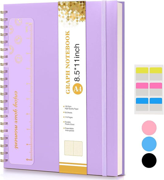 Graph Paper Notebook, Spiral Notebook Journal 8.5” x 11”, A4 Large Grid Notebooks for Women Men, 100 GSM Graph Paper, Plastic Hardcover Spiral Graphing Journals for Work School Engineerin, Purple-DeskLoop Office