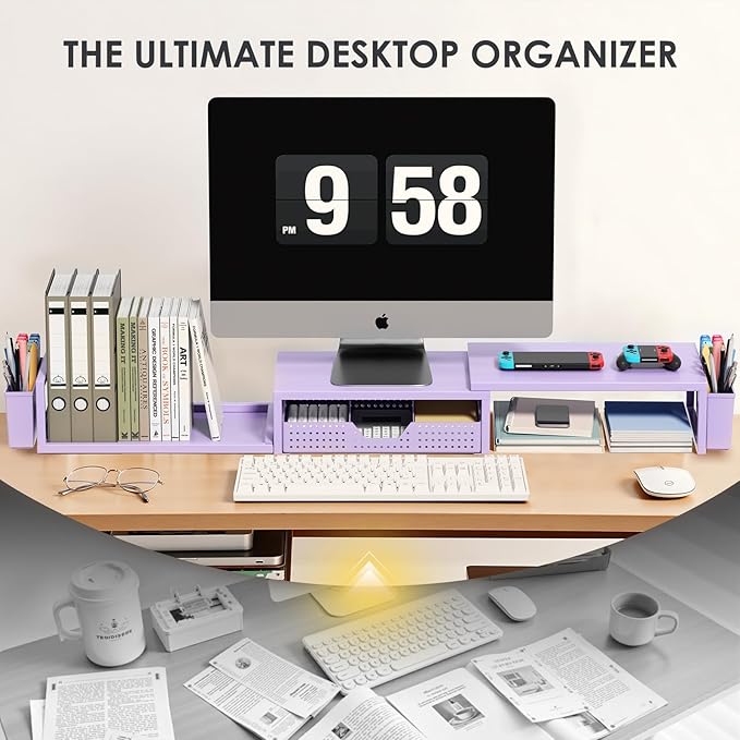 Purple Desk Organizers and Accessories, Dual Computer Monitor Stand Riser with Drawer and 2 Pen Holders, Office Desk Accessories, Workspace Desktop Organization for Office Supplies-DeskLoop Office