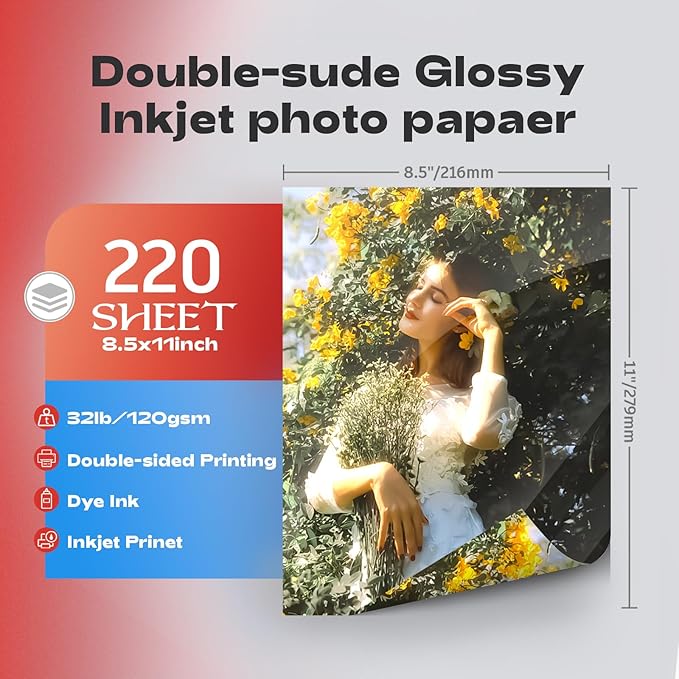 220 Pack Double Sided Photo Paper Glossy Inkjet 8.5x11 32lb 120gsm A4 Letter Size for All Dye Ink Printers-DeskLoop Office